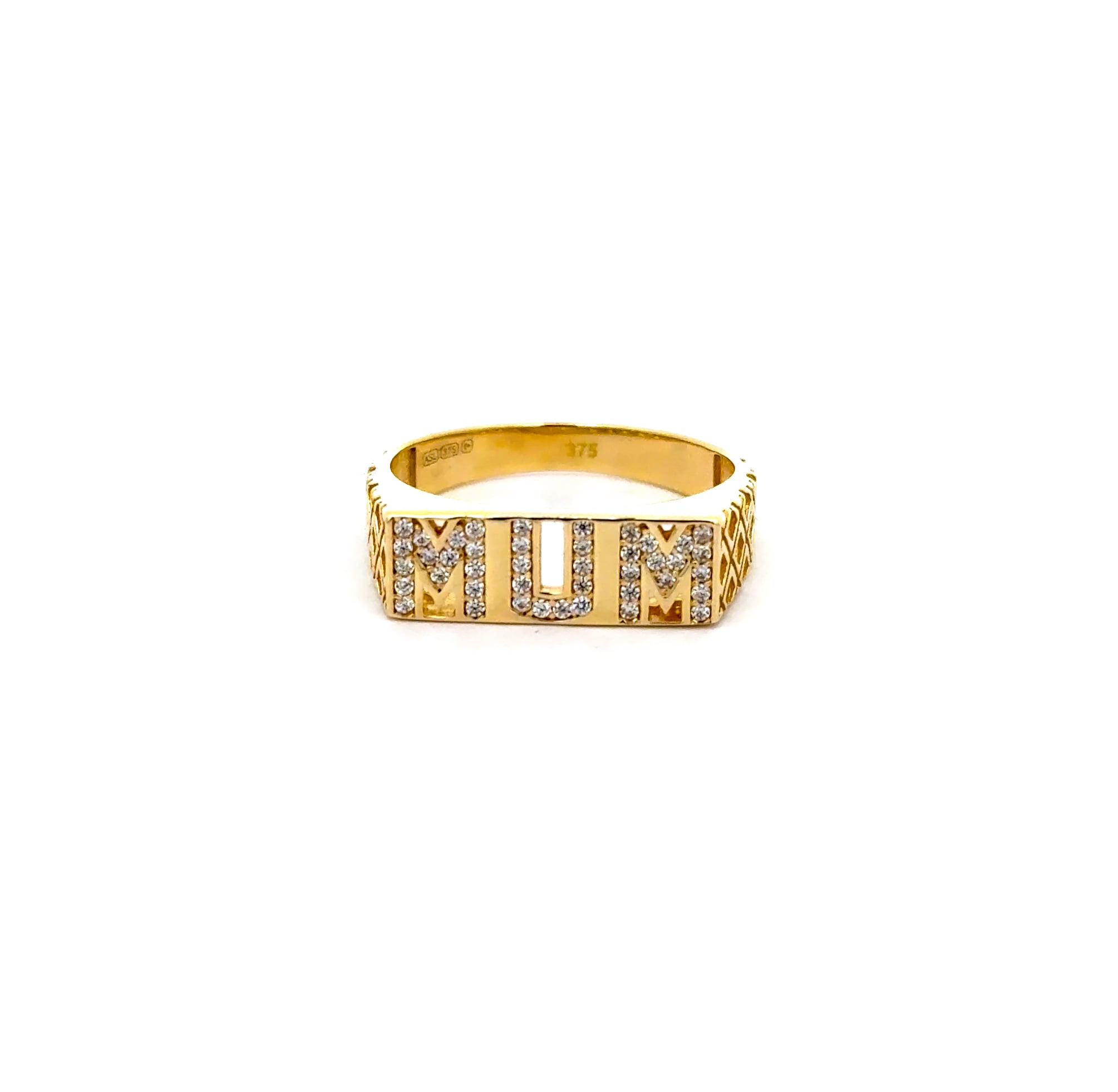 9K Yellow Gold "MUM" Ring With CZ Stones